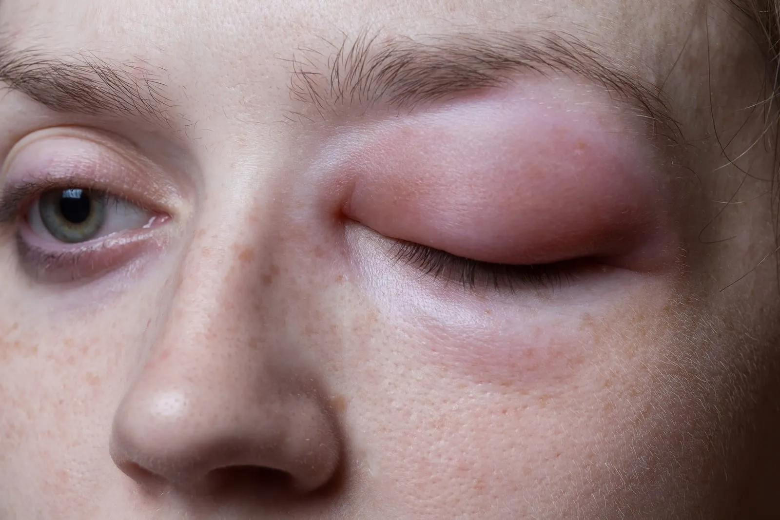 Woman with an allergic reaction on face
