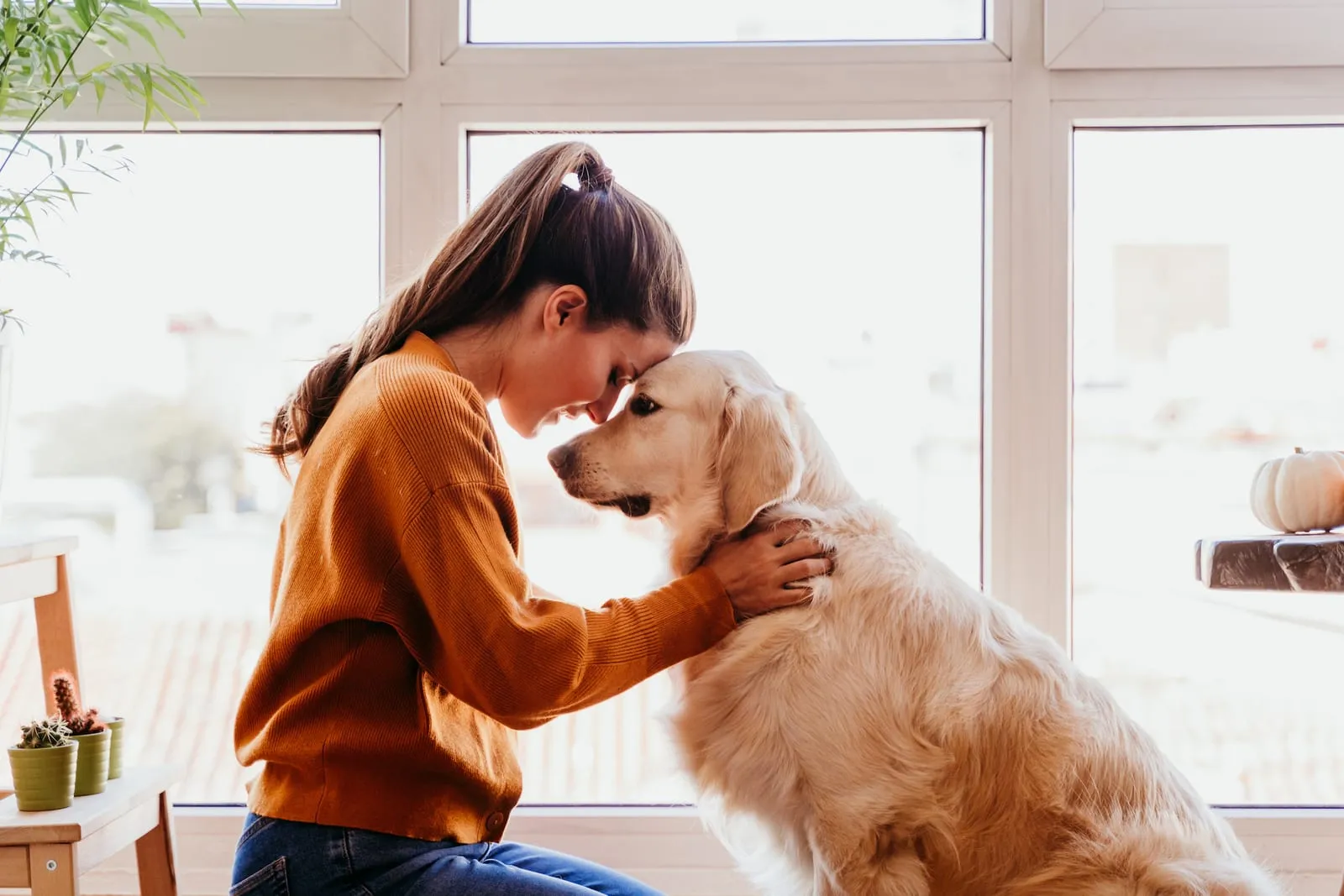 Woman hugging a golden retriever at home