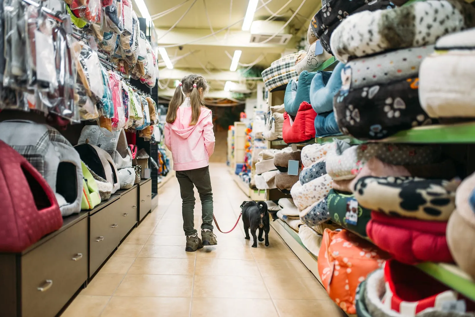 Girl walking with dog in pet store