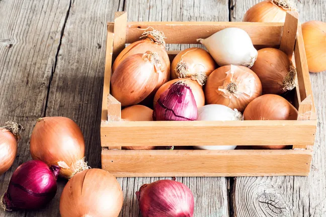 Onions in a wooden box on a table
