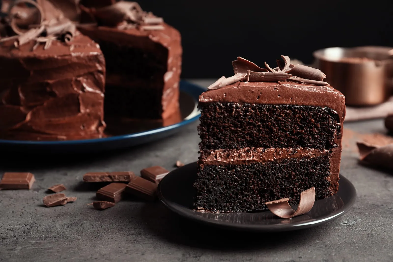 Plate with a slice of chocolate cake